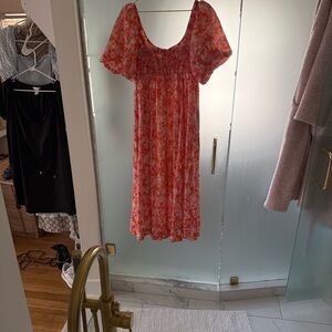 Anthropologie Coral and Fuchsia Smocked Dress